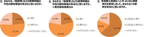 -niconicoネット世論調査「都知事選等に関するアンケート」に９０万６千人が回答-
●東京都の有権者：「脱原発」などの原発問題は都知事選の争点だと思うか
「思わない」56.2%、「思う」21.9%、「どちらともいえない」21.9%
●安倍首相の靖国参拝について妥当だと思うか
「思う」62.7%、「わからない」19.2%、「妥当だと思わない」18.1%